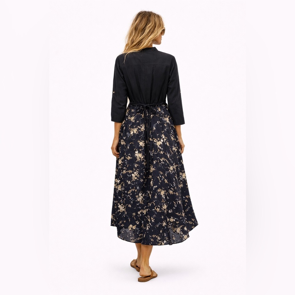Boho High Low Floral Midi Dress L Organic Cotton Viscose Adjustable Waist - Picture 3 of 11